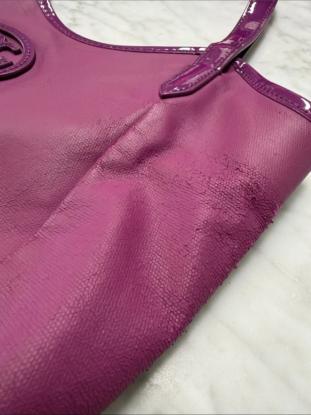 Tory Burch Fuchsia Pink Patent Leather Strap and Logo with Coated Canvas Tote